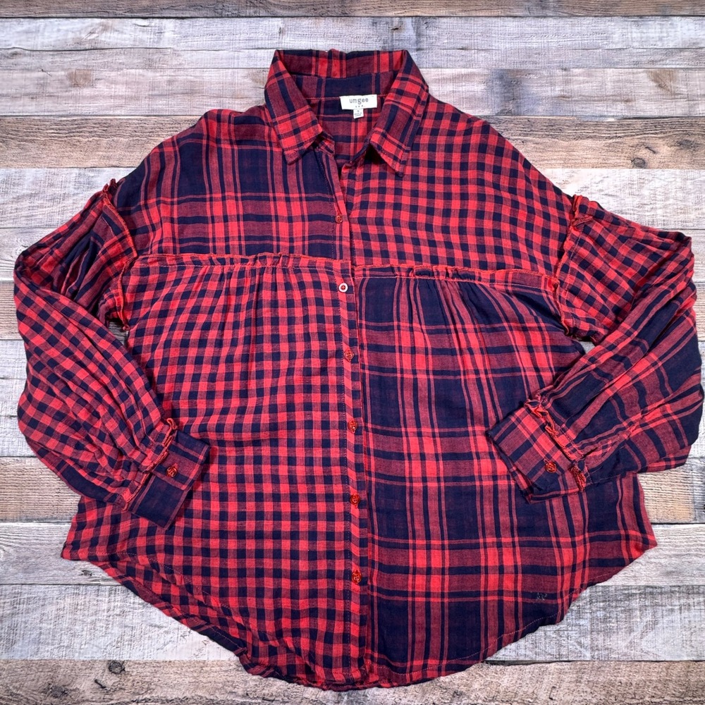 Umgee Red Navy Blue Plaid‎ Ruffle Button Down Shirt Womens Small Boho Cotton